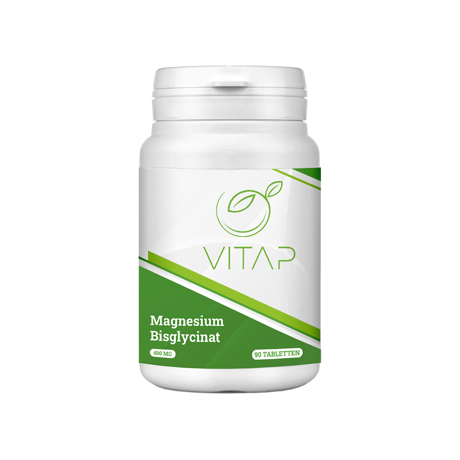 Weisse Produktdose Vitap Magnesium Bisglycinat mit grünem Etikett, 400 mg, 90 Tabletten