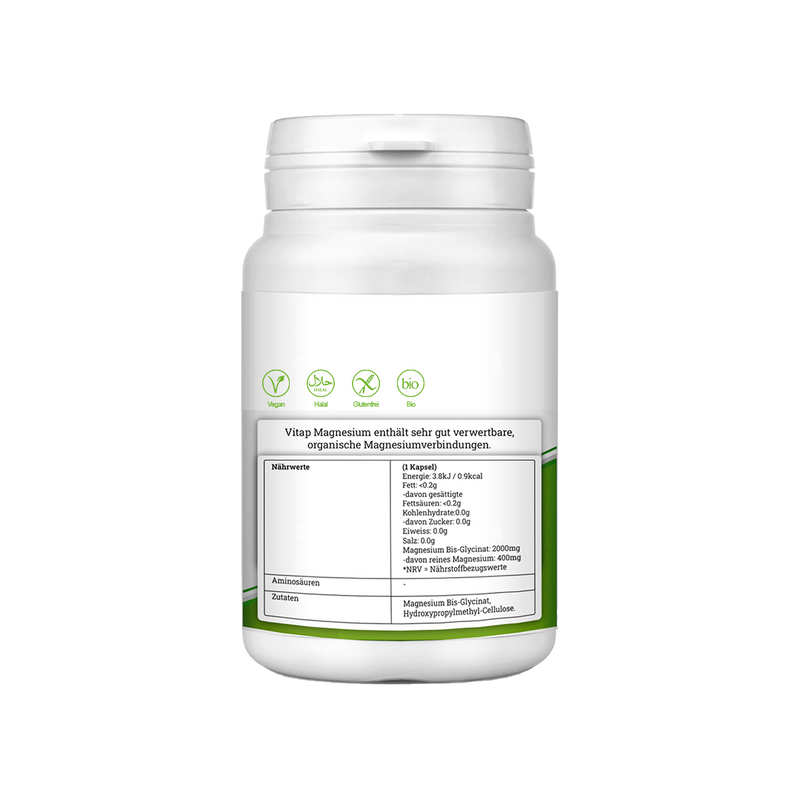 Rückseite der Vitap Dose mit vollständiger Nährwerttabelle und Zutatenliste: Magnesium Bisglycinat und Cellulose